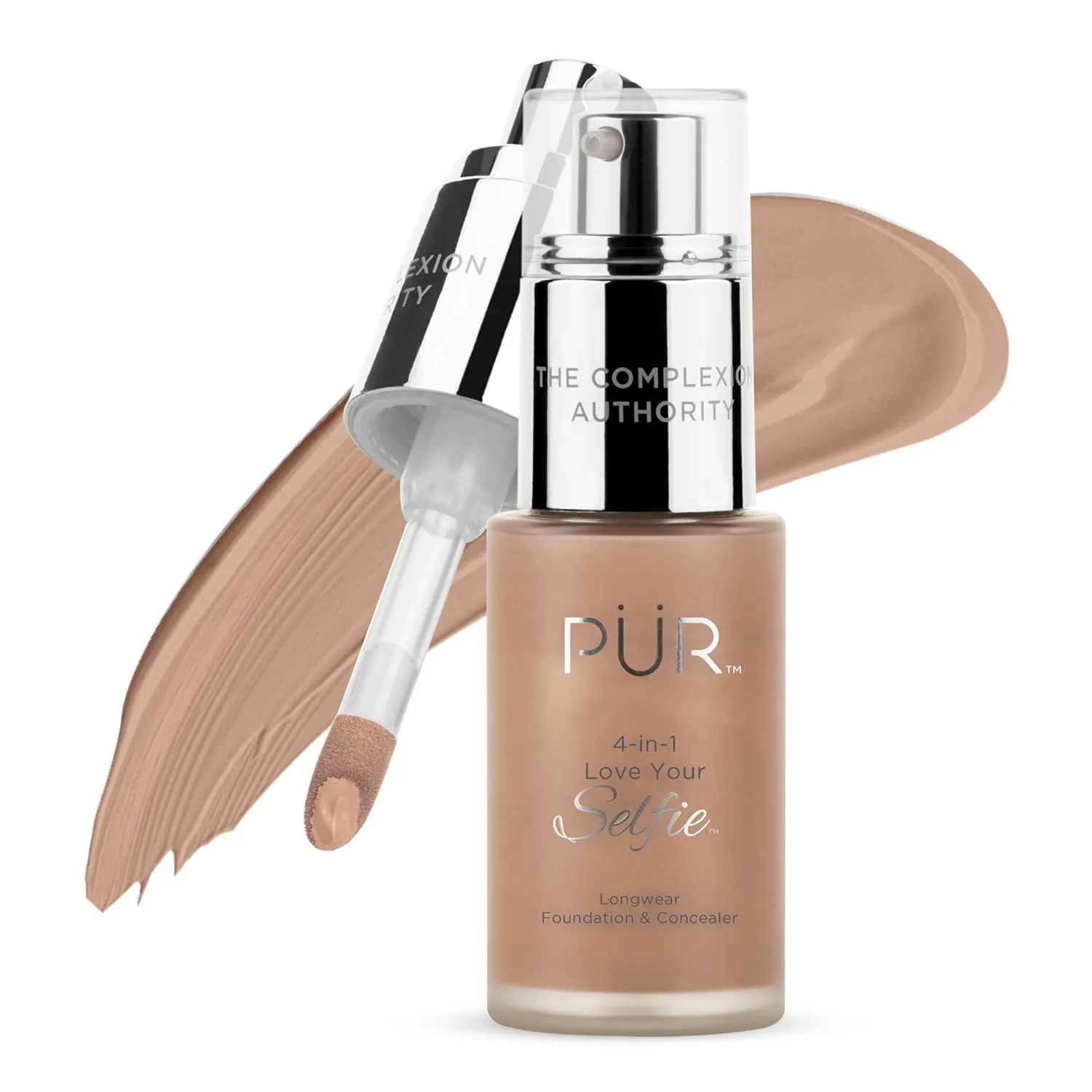 PÜR MINERALS 4-в-1 Love Your Selfie Стойкая тональная основа и консилер. Жидкая тональная основа с полным покрытием, увлажняющая формула, не тестируется на животных., TP6/Honey