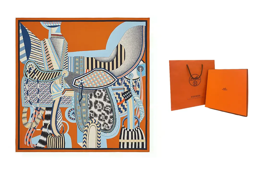 

HERMES Фантазийный шарф из шелка для женщин, Pumpkin Yellow/Blue/Beige-Shopping Bag