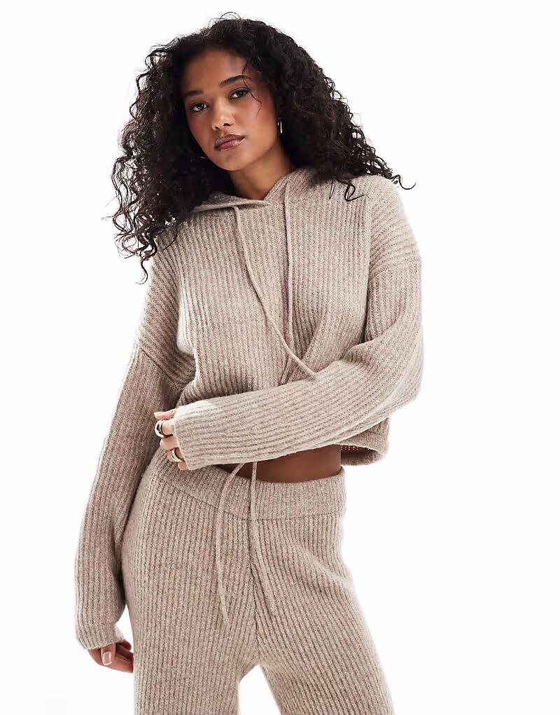

Вязаная толстовка с капюшоном ASOS DESIGN с завязками в каменном цвете