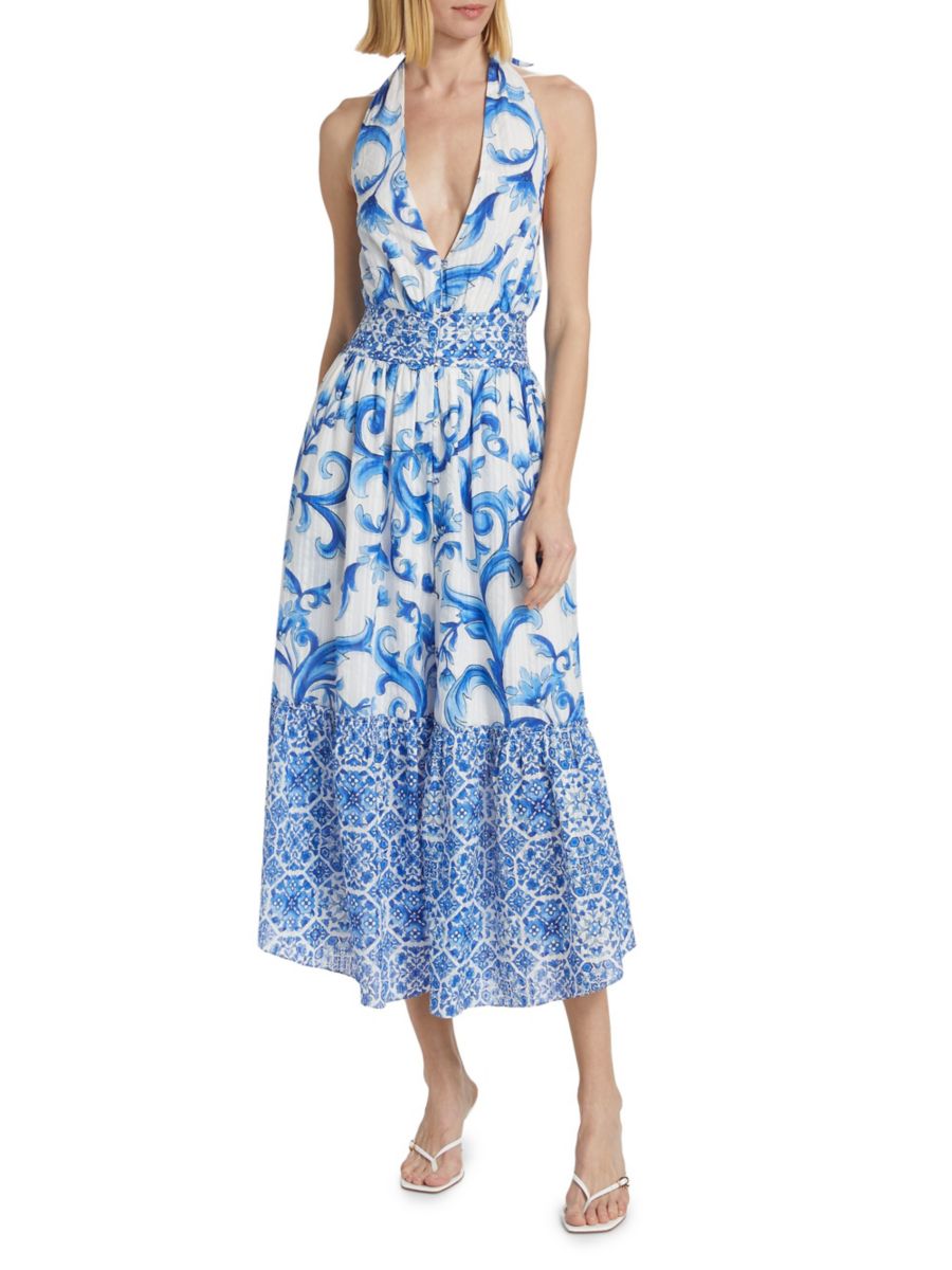 

Платье-миди Mollie Watercolor с бретелькой через шею Ramy Brook, цвет Spring Navy Positano