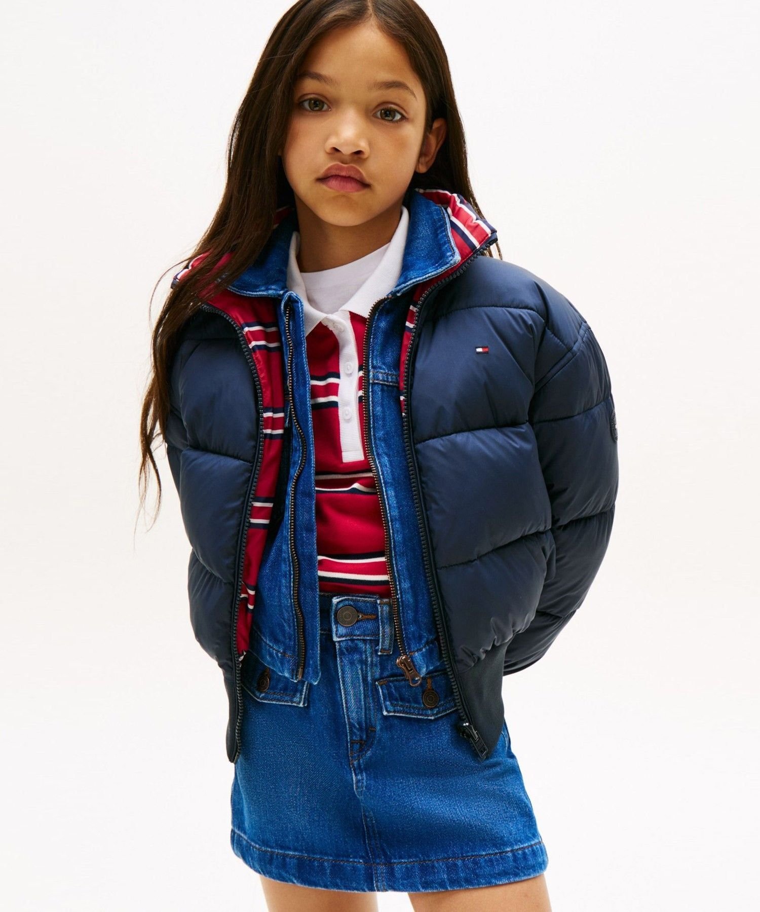 Двусторонняя пуховая куртка-бомбер для девочек Tommy Hilfiger, Navy C1G