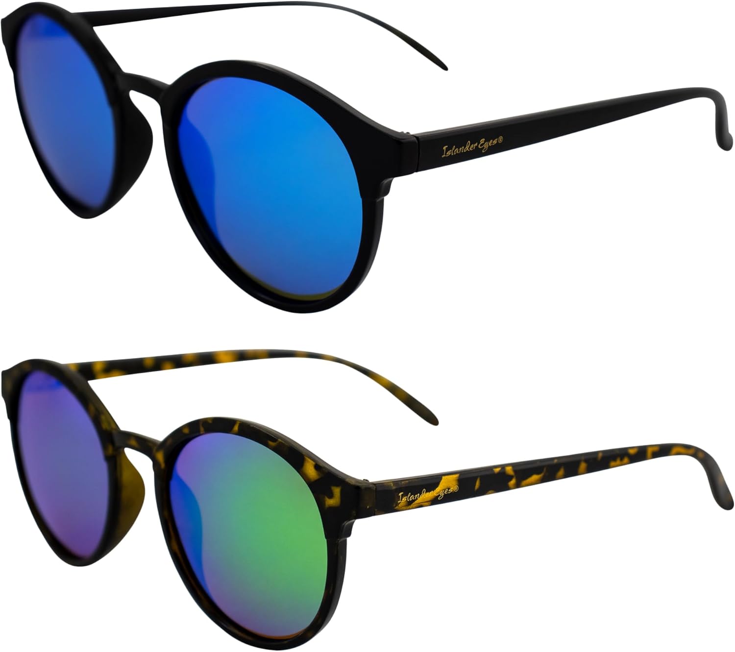 

Поляризованные солнцезащитные очки Maldives для мужчин и женщин, 2 пары: увеличенная круглая черная оправа с синими зеркальными линзами и черепаховая оправа с зелеными зеркальными линзами Islander Eyes, Black-blue/Tortoise-green