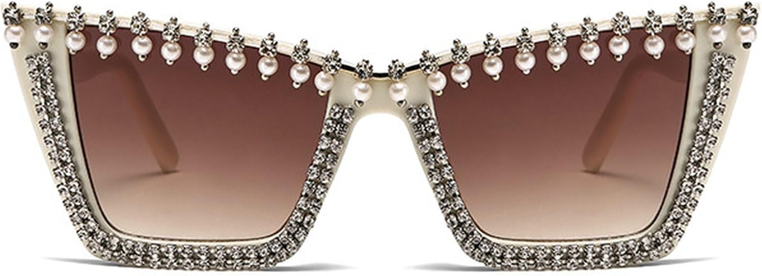 

Винтажные солнцезащитные очки «кошачий глаз» с перламутровыми кристаллами, модные женские солнцезащитные очки со стразами, большие блестящие очки для женщин mincl, Beige Brown