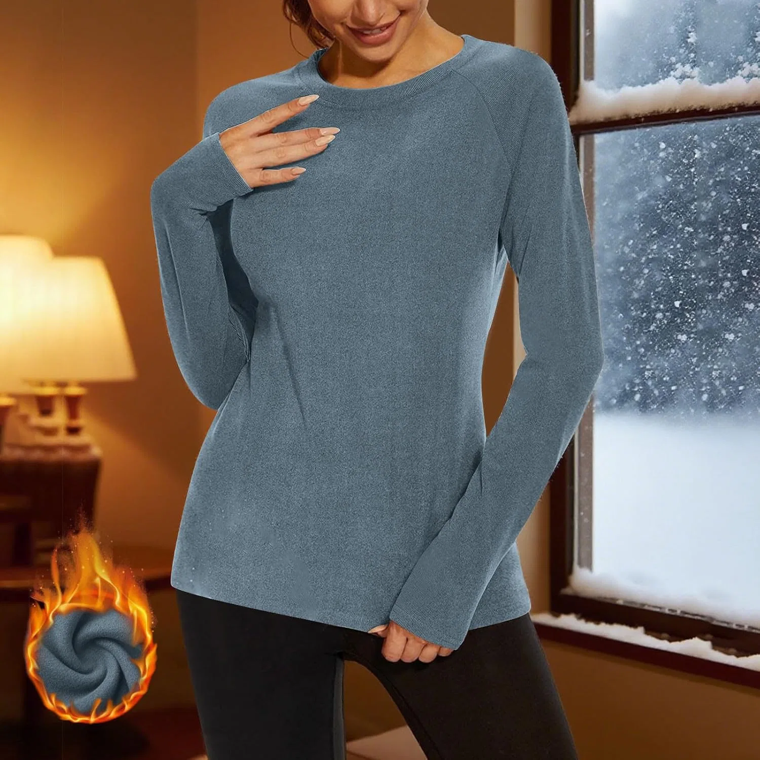 Generic Терморубашка для женщин, мягкая флисовая подкладка, базовый слой, футболка с длинным рукавом, теплое нижнее белье для зимней холодной погоды, Navy — фото 2