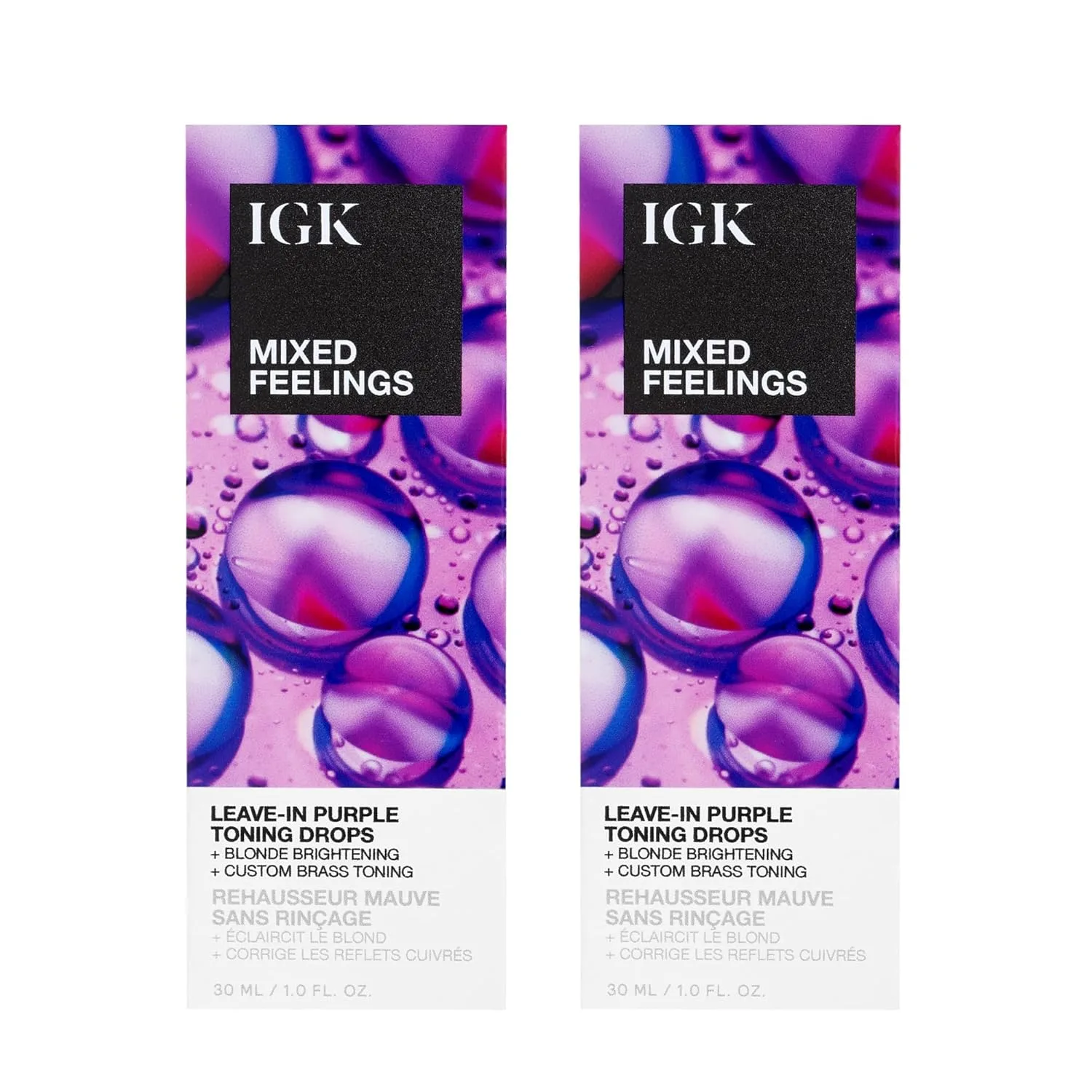 IGK Mixed Feelings Leave-In Blonde Toning Drops 2 шт - настраиваемый фиолетовый пигмент для нейтрализации желтизны на блонде, седине и фиолетовых волосах - без сульфатов и парабенов