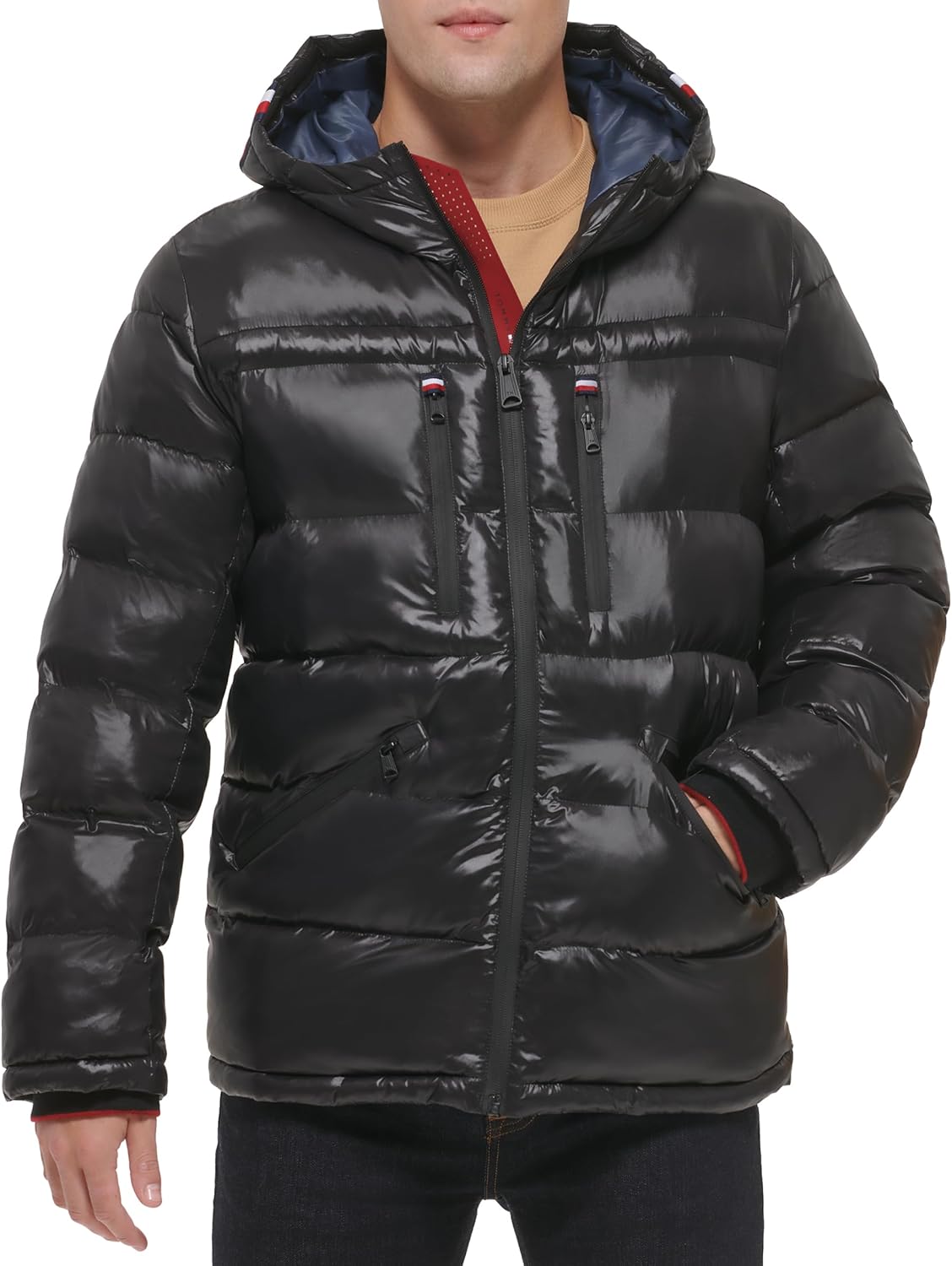 

Мужская блестящая стеганая куртка Tommy Hilfiger Mens с логотипом средней толщины, Black