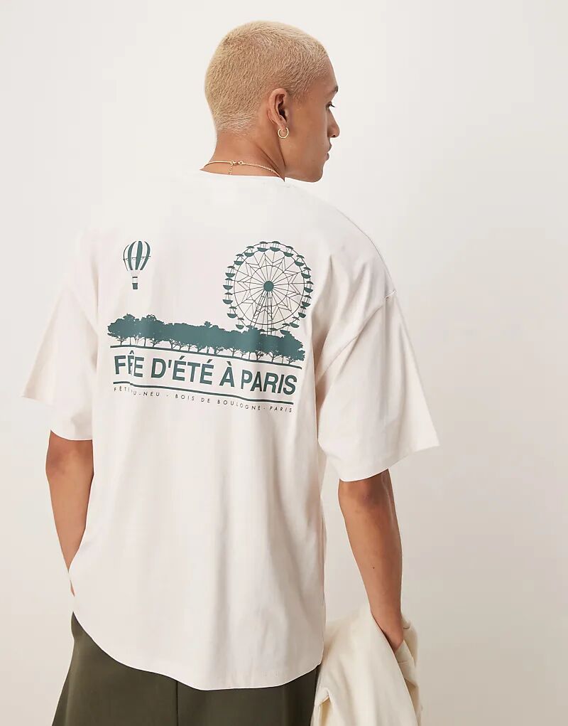 

Футболка большого размера из плотной ткани с принтом Парижа на спине Selected кремового цвета