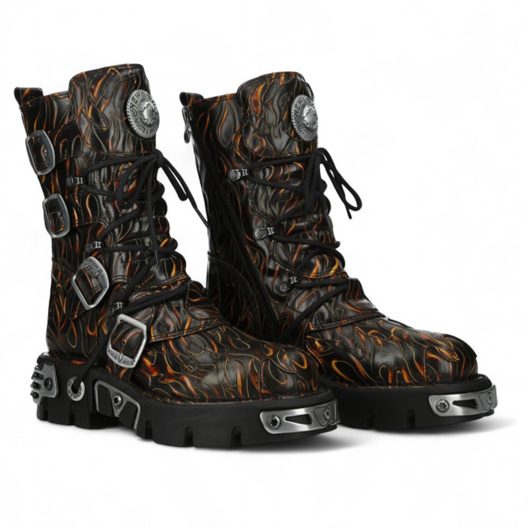 New Rock M-591-C62 Полувысокие до середины икры черные кожаные ботинки с металлическим готическим пламенем — фото 3