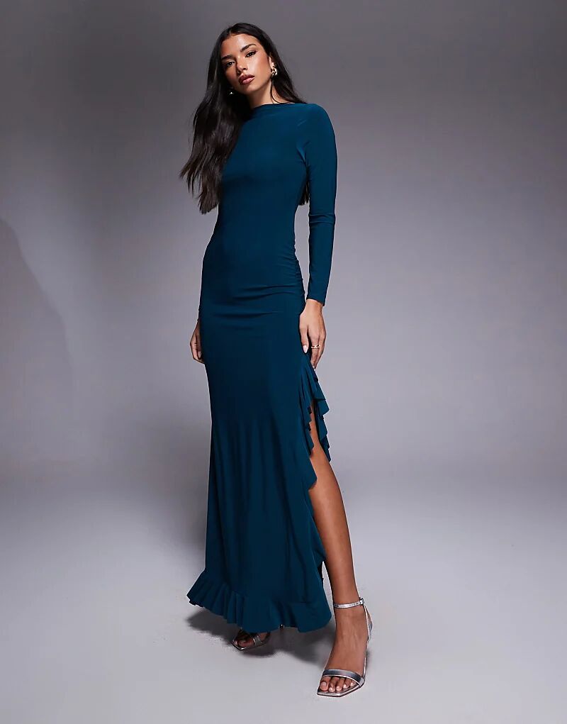 

Платье макси ASOS DESIGN с длинными рукавами и оборкой в ​​бирюзовом цвете