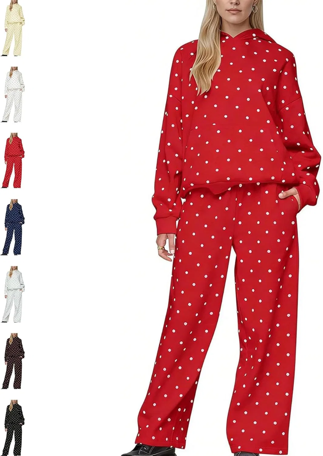 Спортивный костюм из двух предметов с капюшоном и принтом в горошек, Polyester, Red
