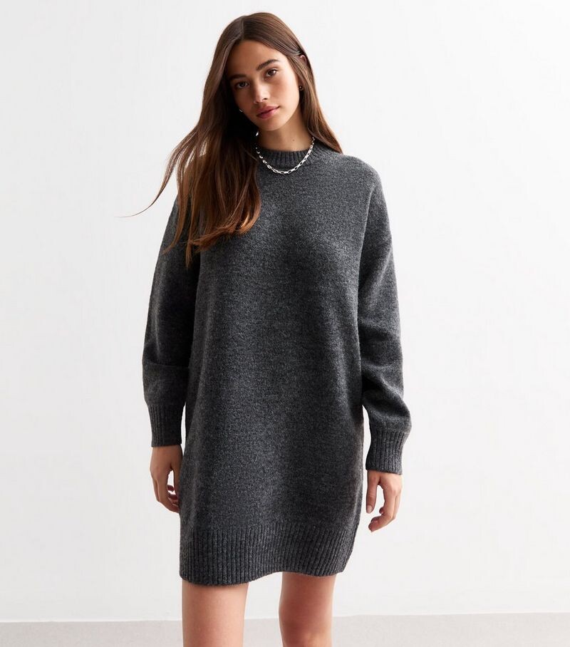 

Серое трикотажное мини-платье с круглым вырезом New Look, серый