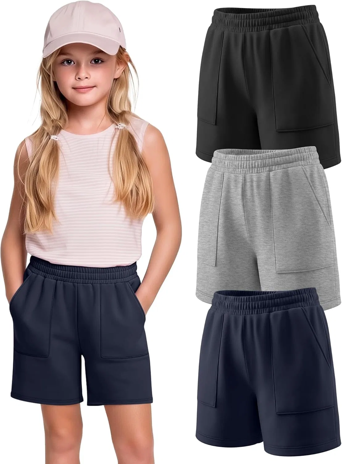 Комплект шорт для девочек 3 шт, Athletic, Langyiwee, Navy Blue, Light Heather Gray, Black