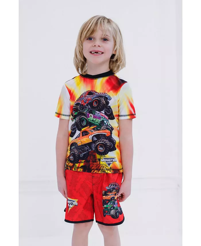 Комплект для плавания для мальчиков: толстовка-рашгард и шорты Toddler Boys Pullover Rash Guard and Swim Trunks Outfit Set Monster Jam, оранжевый — фото 3