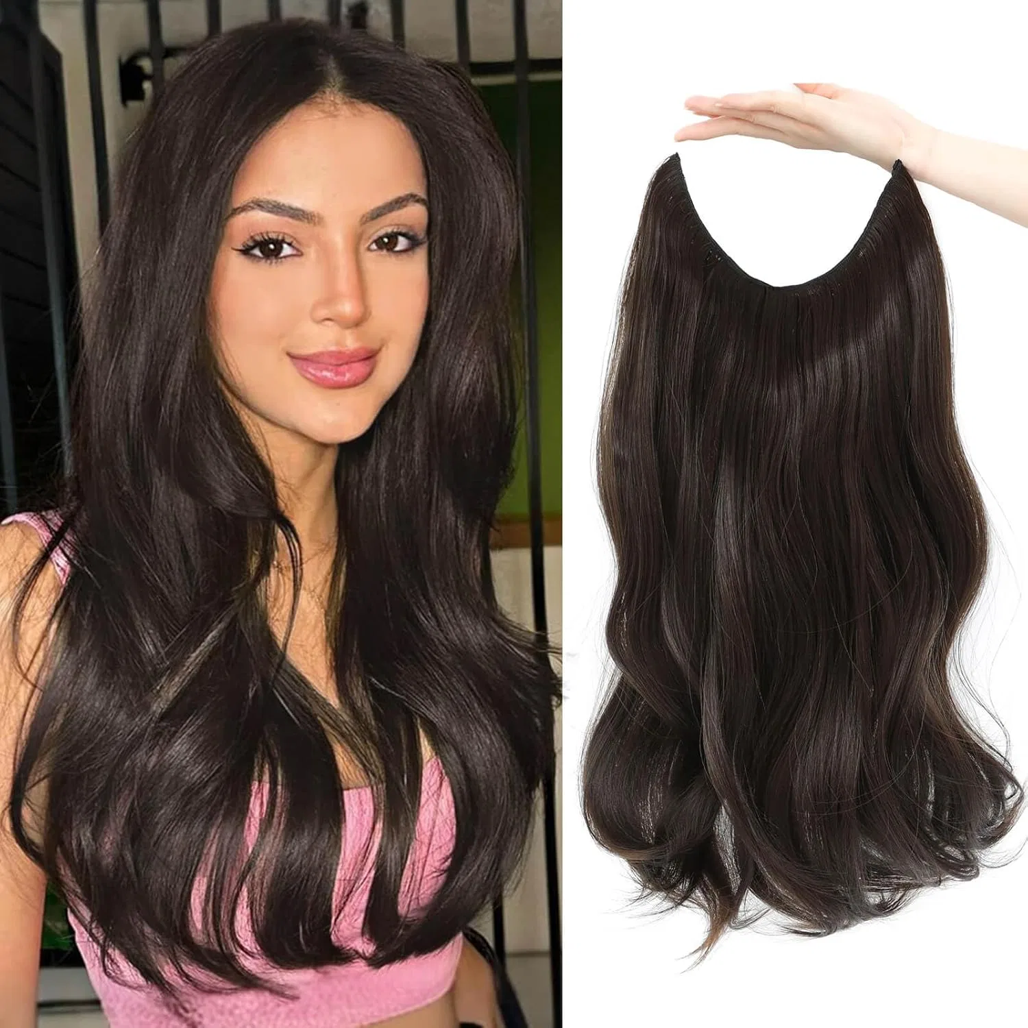 Накладные волосы «Body Wavy Halos» на прозрачной леске Flyroseing, Mid-Brown