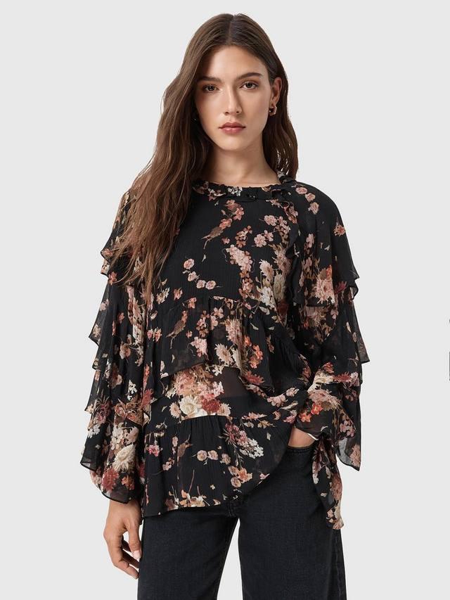 

Блузка Lissie из смесового шелка с цветочным принтом и рюшами AllSaints, Armada Black/Multi