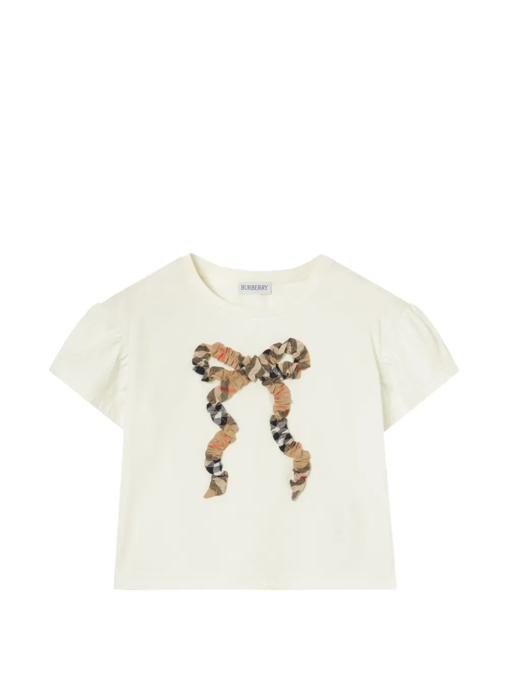 Хлопковая футболка в клетку с бантом Burberry Kids, белый