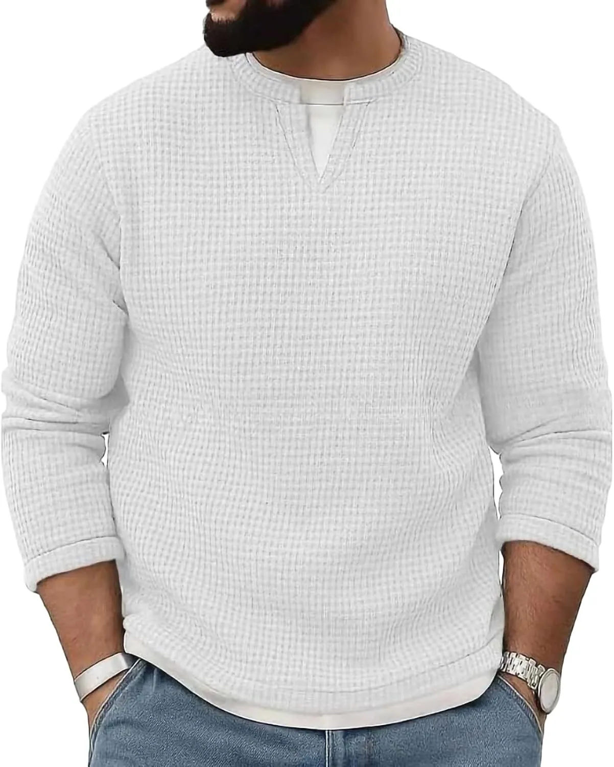 

Мужская рубашка с длинным рукавом Casual Imitation Two Piece Textured Knit Pullover Notch V Neck