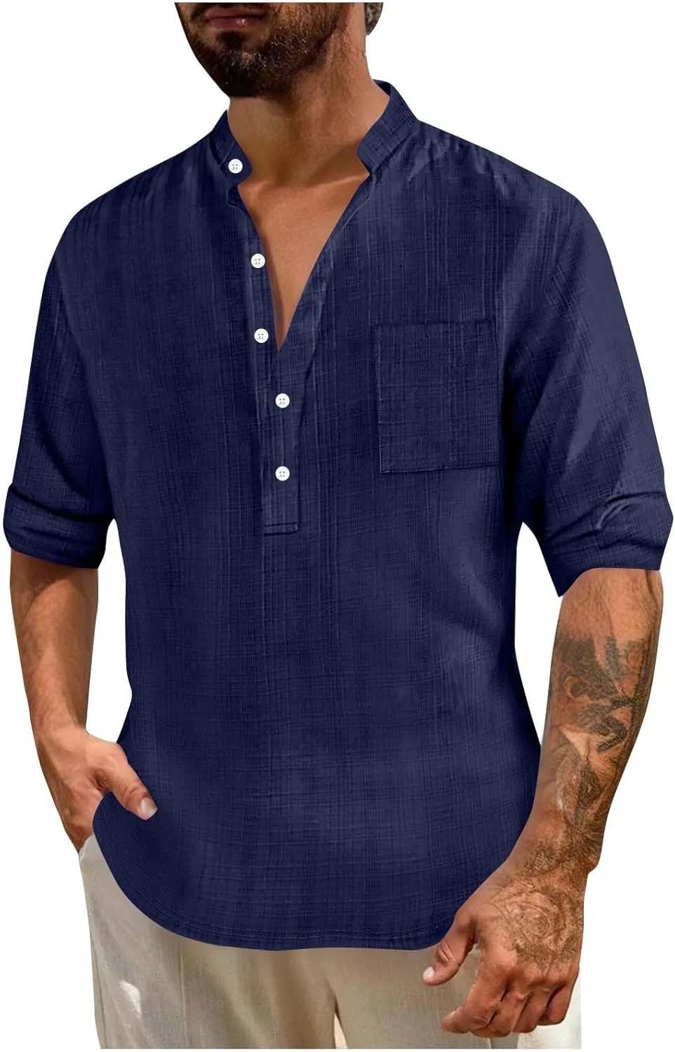 

Мужская хлопковая льняная рубашка-поло с длинным рукавом