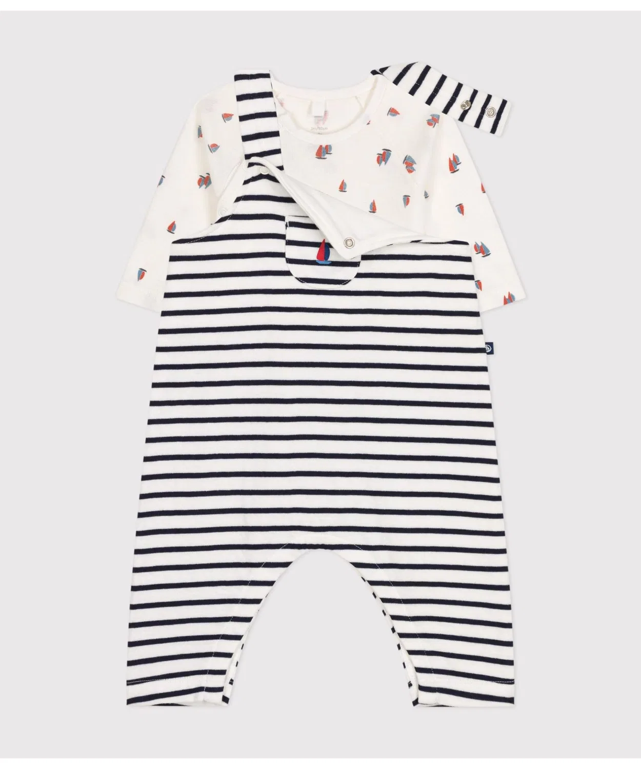 Комбинезон и боди набор Petit Bateau хлопковый белый с тёмно-синим — фото 2