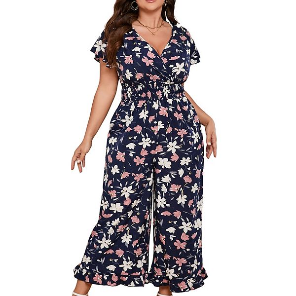 

Женский джемпер plus size с широкими штанинами, летний повседневный, с запахом, v-образным вырезом, рукавами-крылышками, рюшами по подолу и сборкой Clearflower, Navy Floral