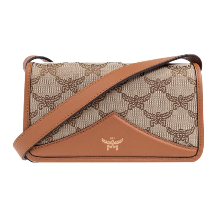 

Плечевая сумка через плечо из лакированного полотна с кожаной отделкой, женская, коричневая с коньячным MCM