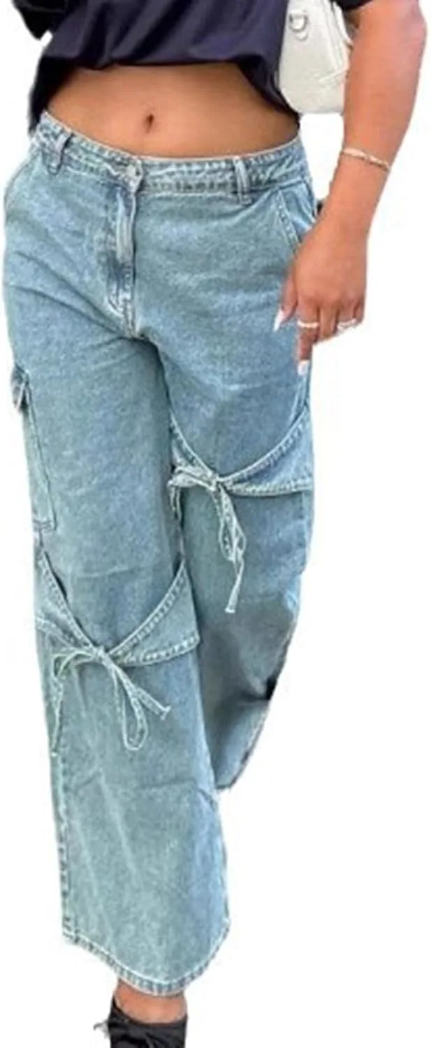 

cffvdiz женские джинсы baggy wide leg mid-rise distressed bow loose y2k straight leg