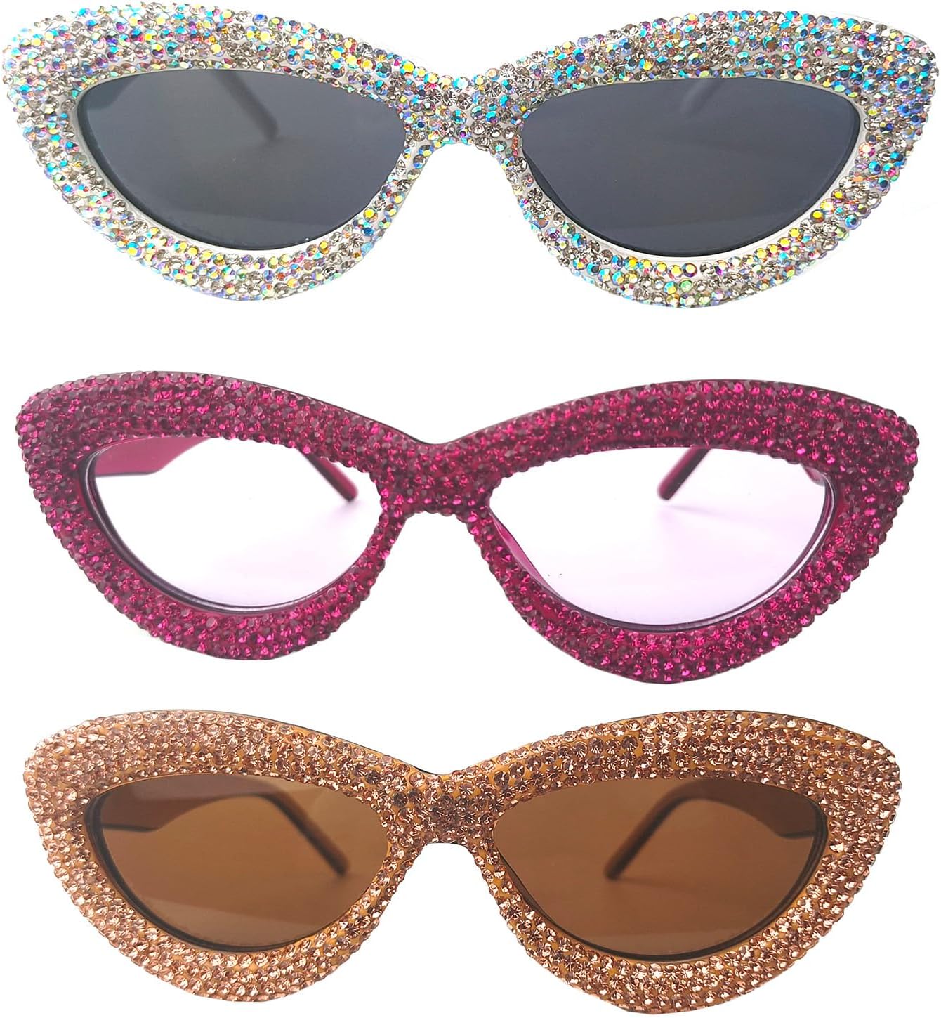 

Willochra Модные солнцезащитные очки «кошачий глаз» со стразами для женщин, блестящие, модные, с кристаллами, для вечеринок, сверкающие, с бриллиантами, женские, 3pcs-brown&purple&white