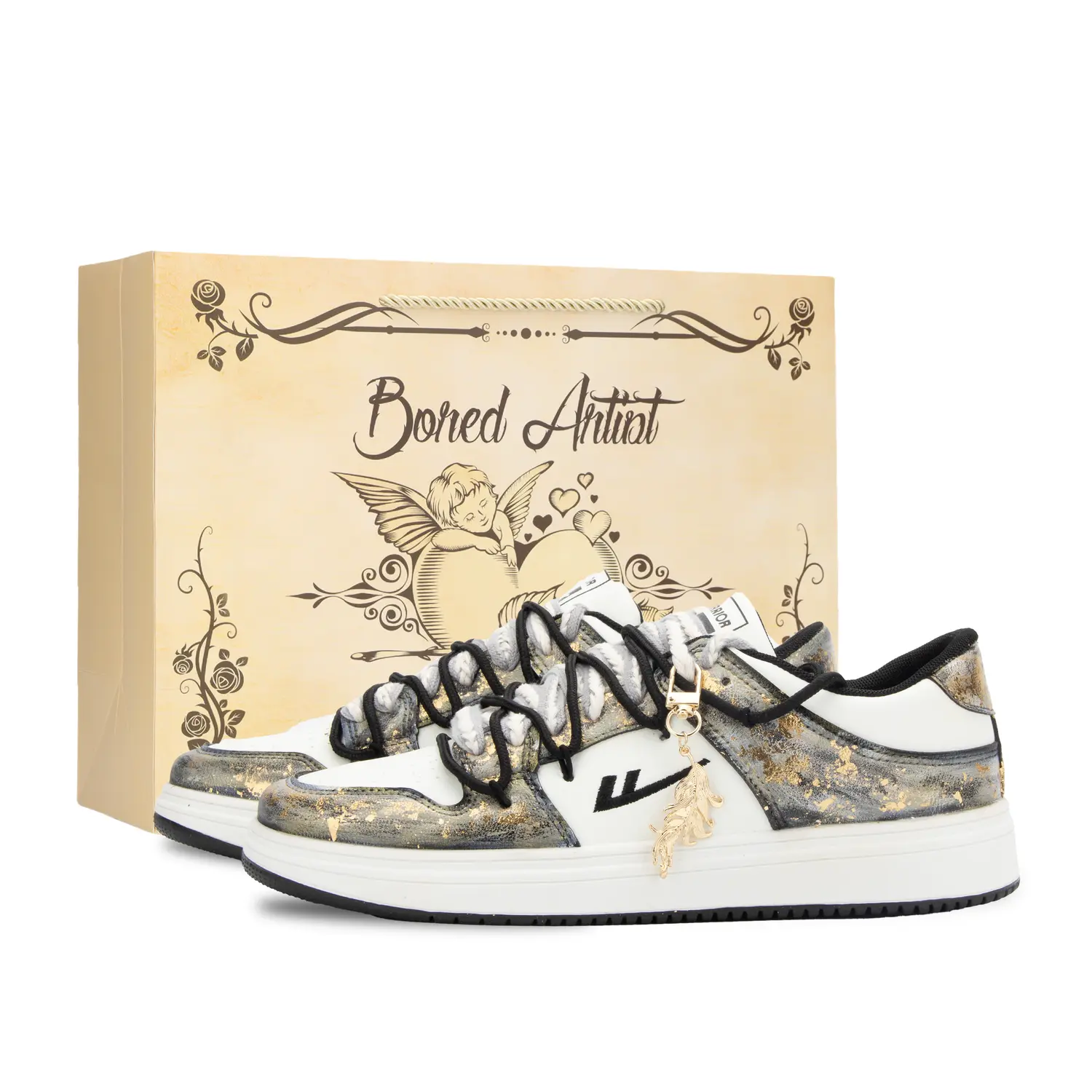 

Термостойкие абразивоустойчивые низкие скейтерские кроссовки Unisex WARRIOR, черный белый золото