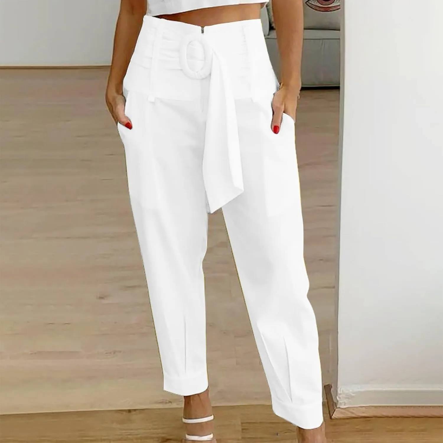 Женские нарядные брюки Casual легкие зауженные укороченные брюки с высокой талией и прямыми штанинами однотонные универсальные Generic, белый — фото 2