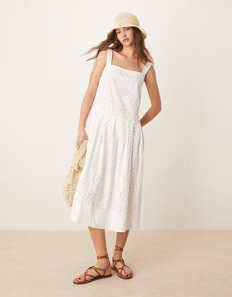 

Free People primavera миди платье с ажурной отделкой бродери белого цвета