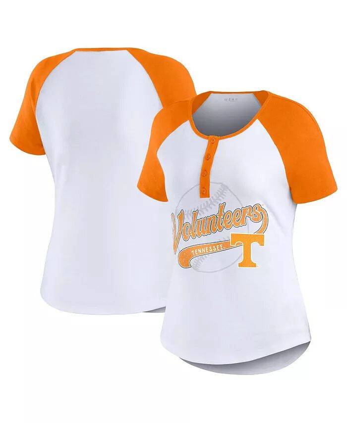 

Женская белая бейсбольная футболка с логотипом Tennessee Volunteers Raglan Henley WEAR by Erin Andrews