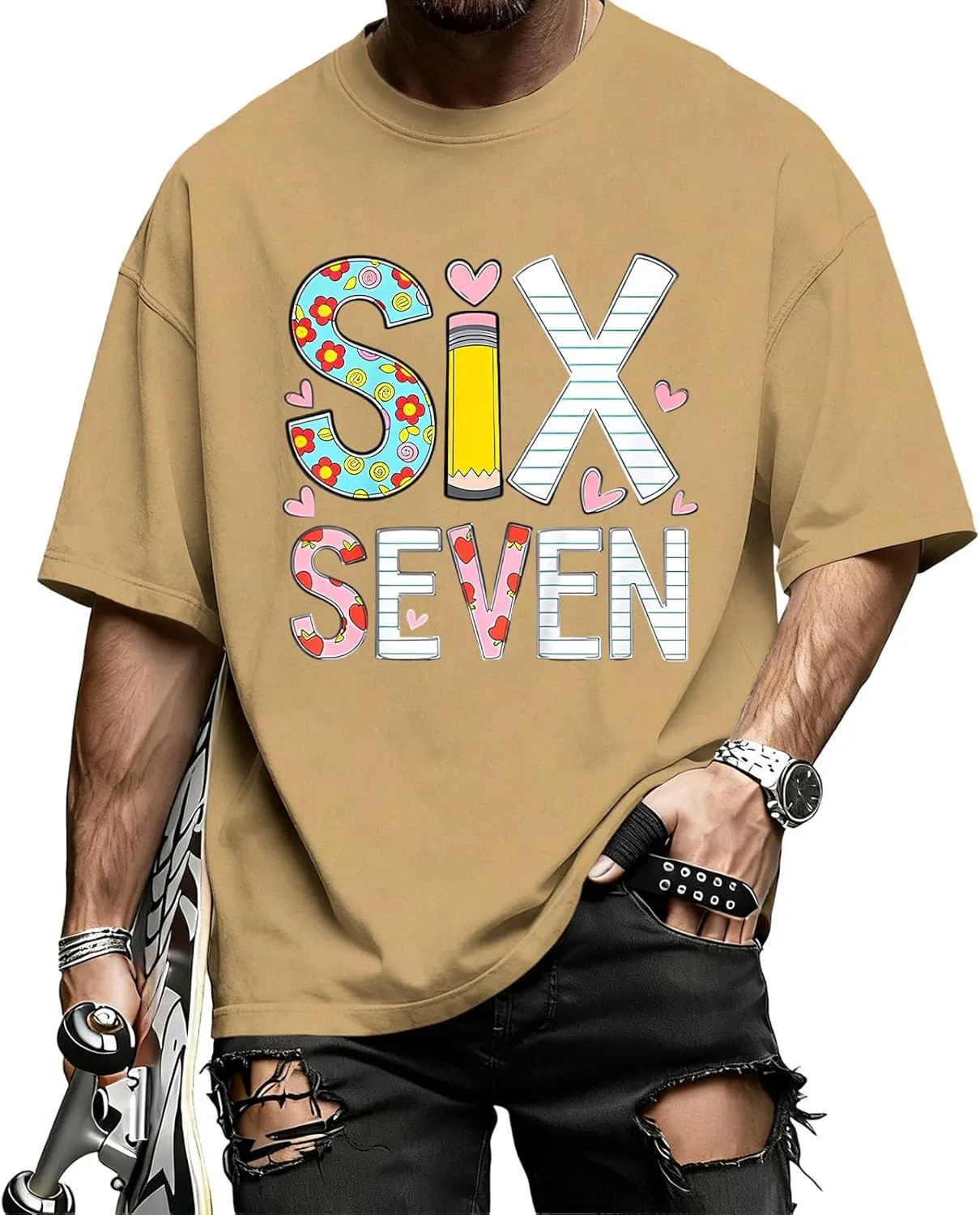 Футболка Six Seven | С круглым вырезом и принтом - Мужская хлопковая футболка с коротким рукавом, свободного кроя, летняя модель - для отдыха и путешествий