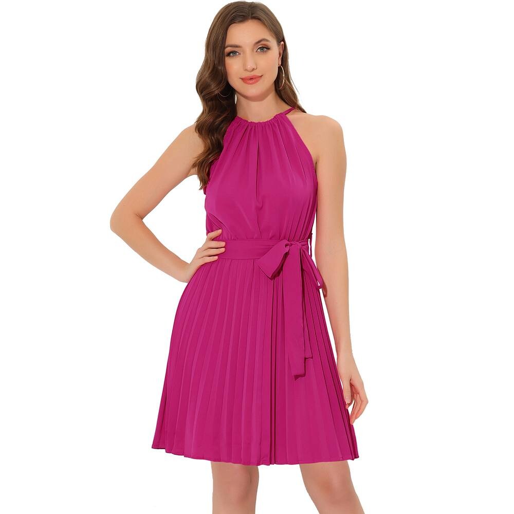 

Женское летнее платье в стиле бохо без рукавов с бретелькой на шее и поясом, плиссированные пляжные платья ALLEGRA K, цвет Hot Pink