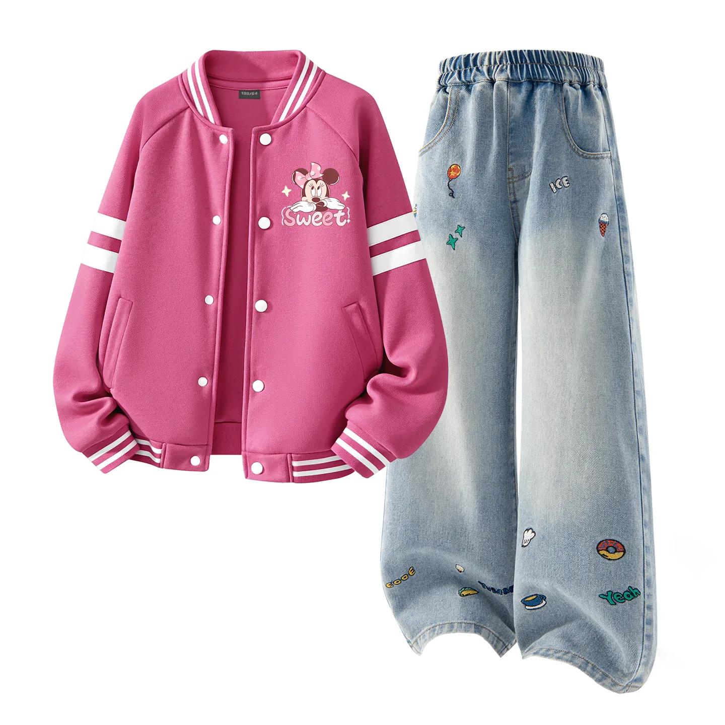Детская повседневная спортивная футболка с круглым вырезом Disney, Delorine K Rose Red+Solid Color Denim Blue