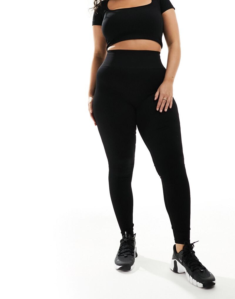 

Черные бесшовные леггинсы в рубчик ASOS 4505 Curve Icon