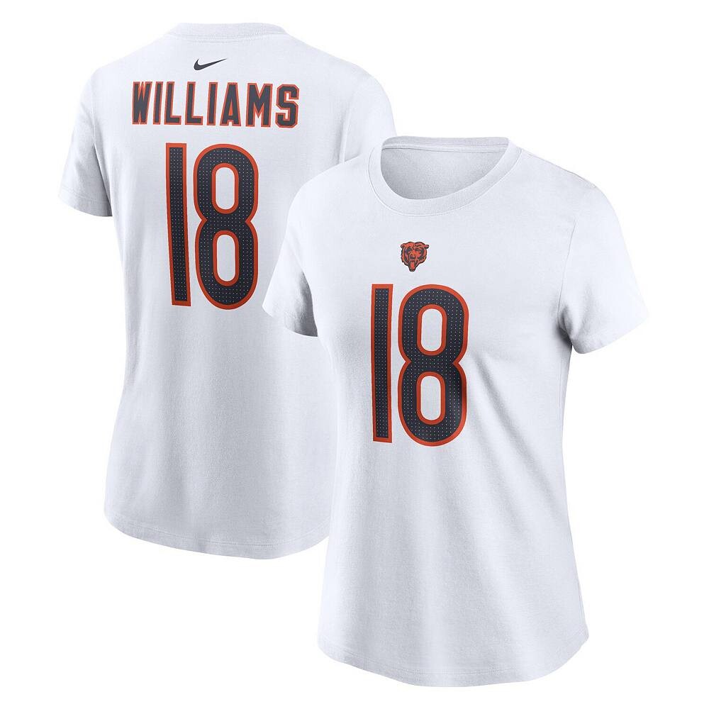 

Женская футболка Nike Caleb Williams White Chicago Bears с именем и номером драфта НФЛ 2024 года в первом раунде, цвет Brs White