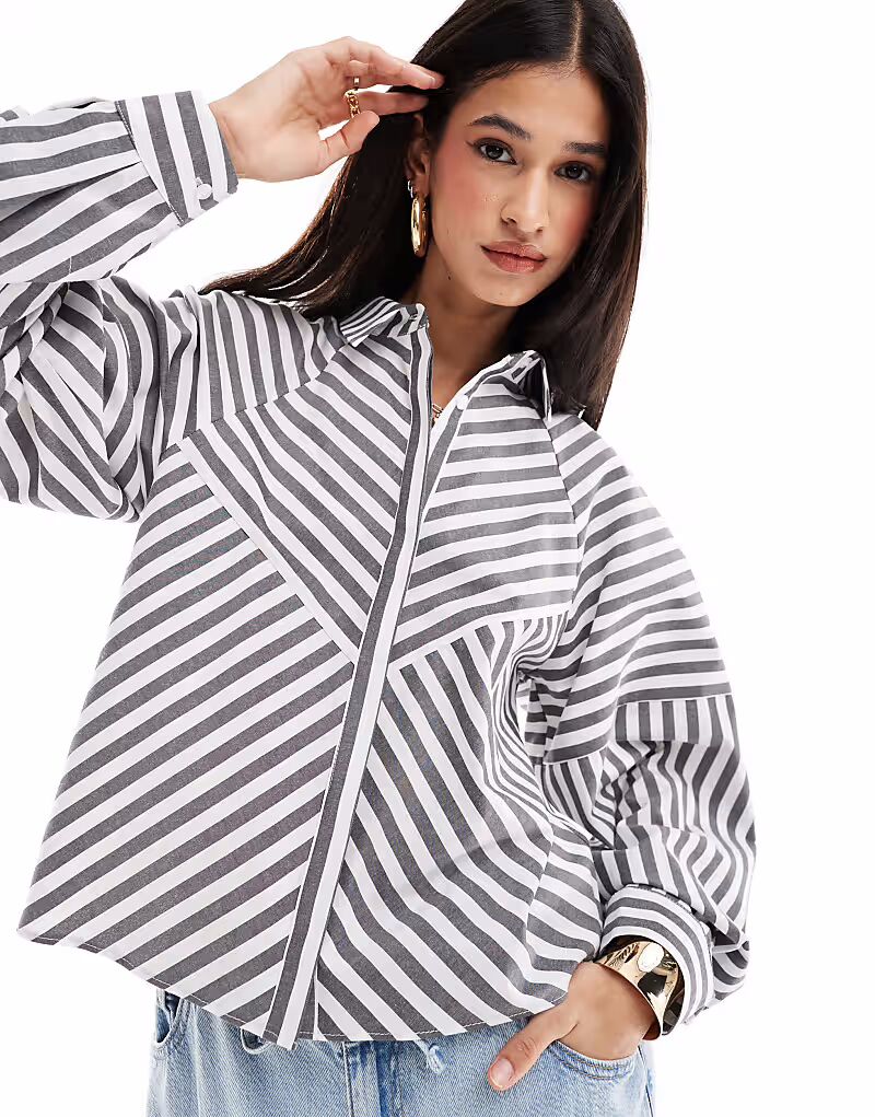 

Рубашка ASOS DESIGN с объемными рукавами и отделкой в серую полоску