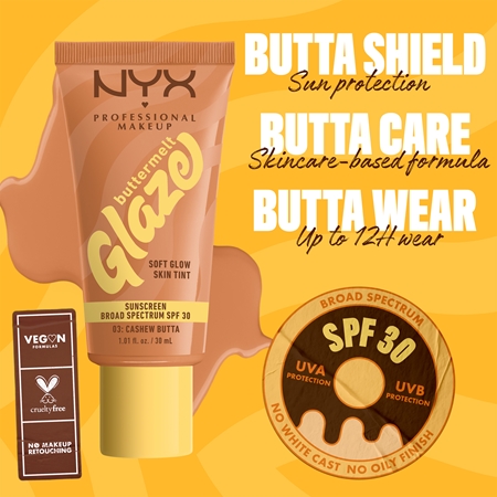 Маска для лица Nyx Professional Makeup — Осветляющая и тонизирующая жидкость spf 30 Buttermelt Glaze, 03 Cashew Butta, 30 мл — фото 4