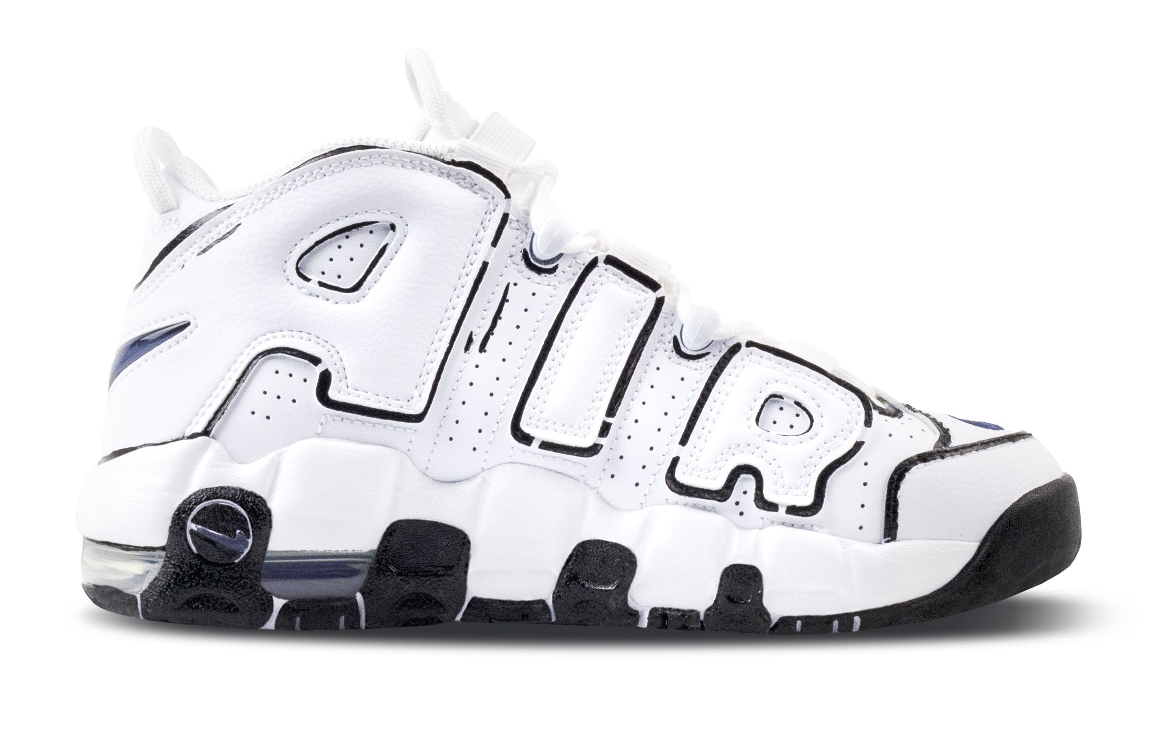 Nike Детские баскетбольные кроссовки Air More Uptempo Graffiti Planet с противоскользящей амортизацией и средней высотой верха, белые и черные — фото 4