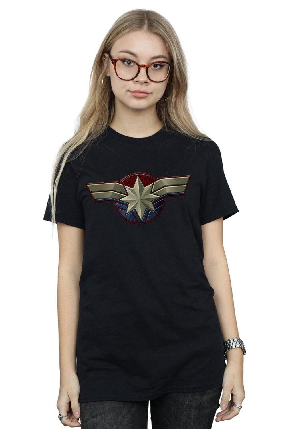 

Хлопковая футболка бойфренда с эмблемой капитана на груди Marvel, черный