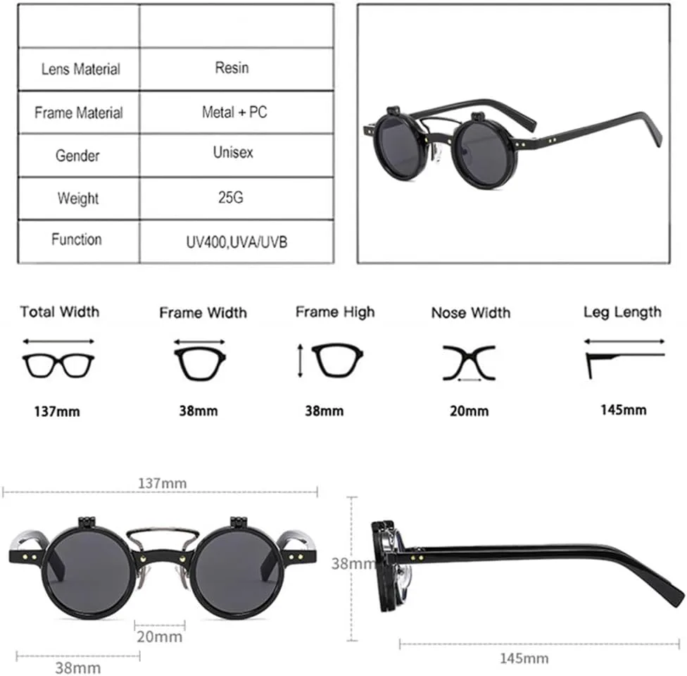 

Круглые панк-солнцезащитные очки для женщин и мужчин с двойной перемычкой, защитой от УФ-излучения UV400, откидными линзами и заклепками UYPTK, Blue Clear Gray