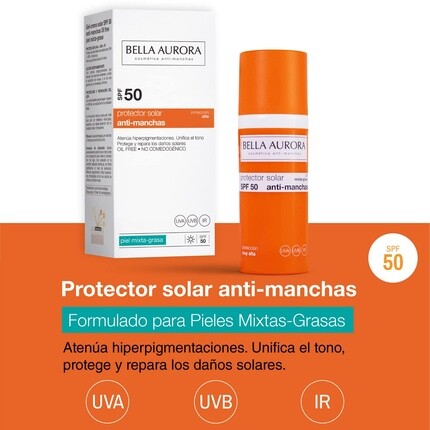 Солнечный гель Spf 50 для комбинированной и жирной кожи с антипятнистыми свойствами, Bella Aurora — фото 3