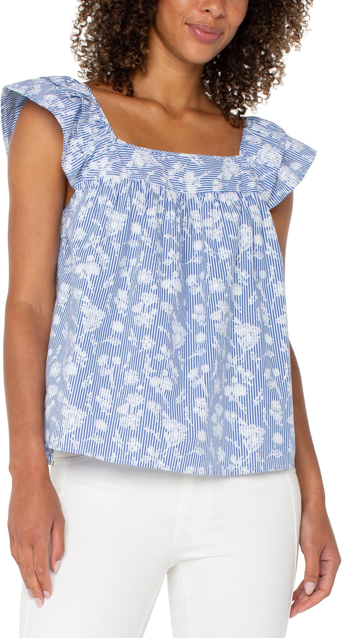 

Блуза Liverpool Los Angeles Short Sleeve Square Neck Woven Blouse, цвет Blue White Floral Stripe