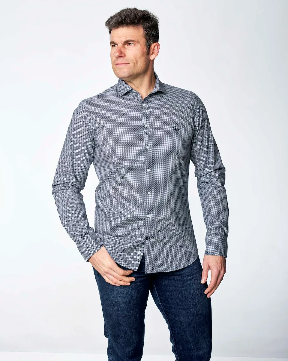 

Мужская рубашка поплин классического кроя с фантазийным принтом Spagnolo, темно-синий