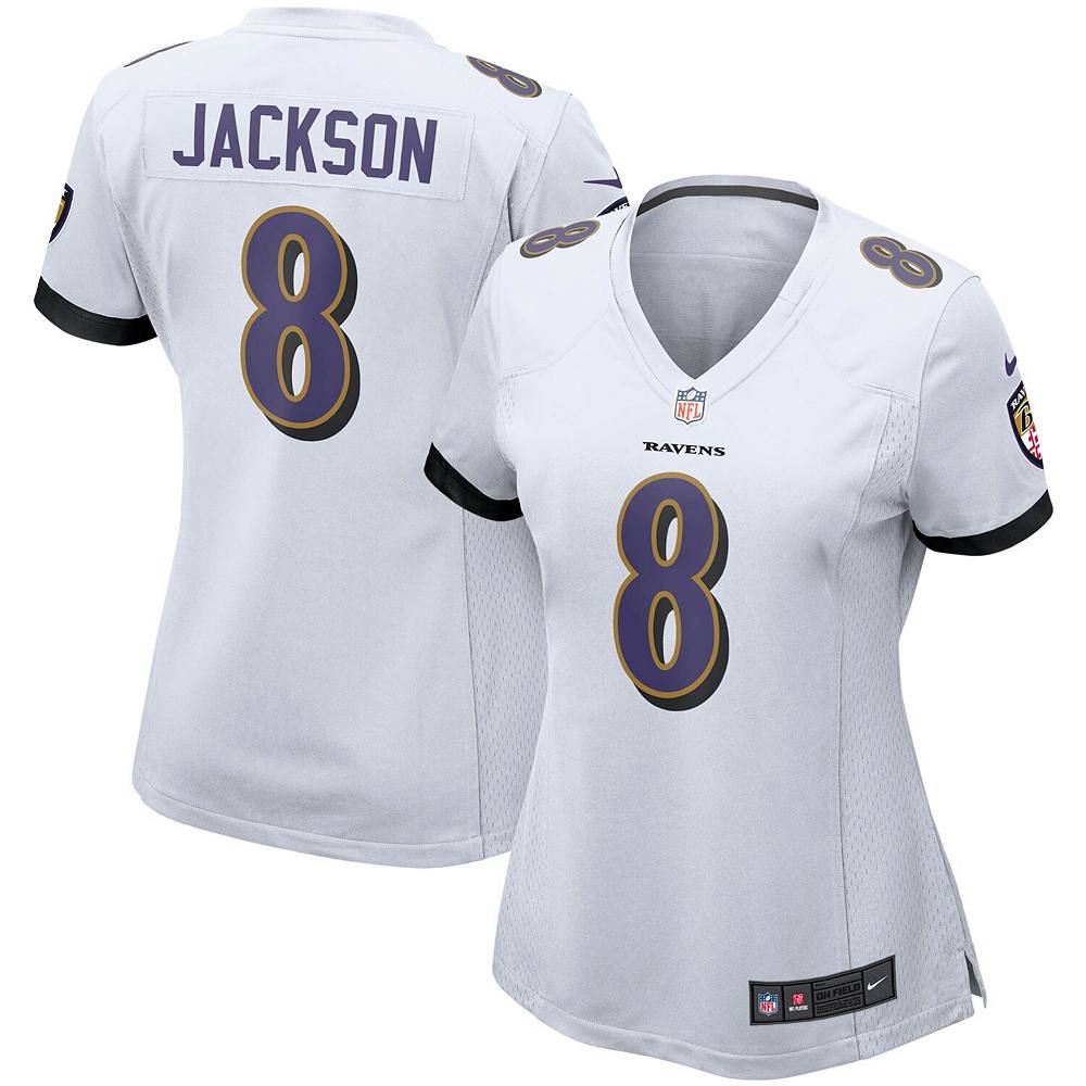 

Женское белое игровое джерси Nike Lamar Jackson Baltimore Ravens, цвет Rav White