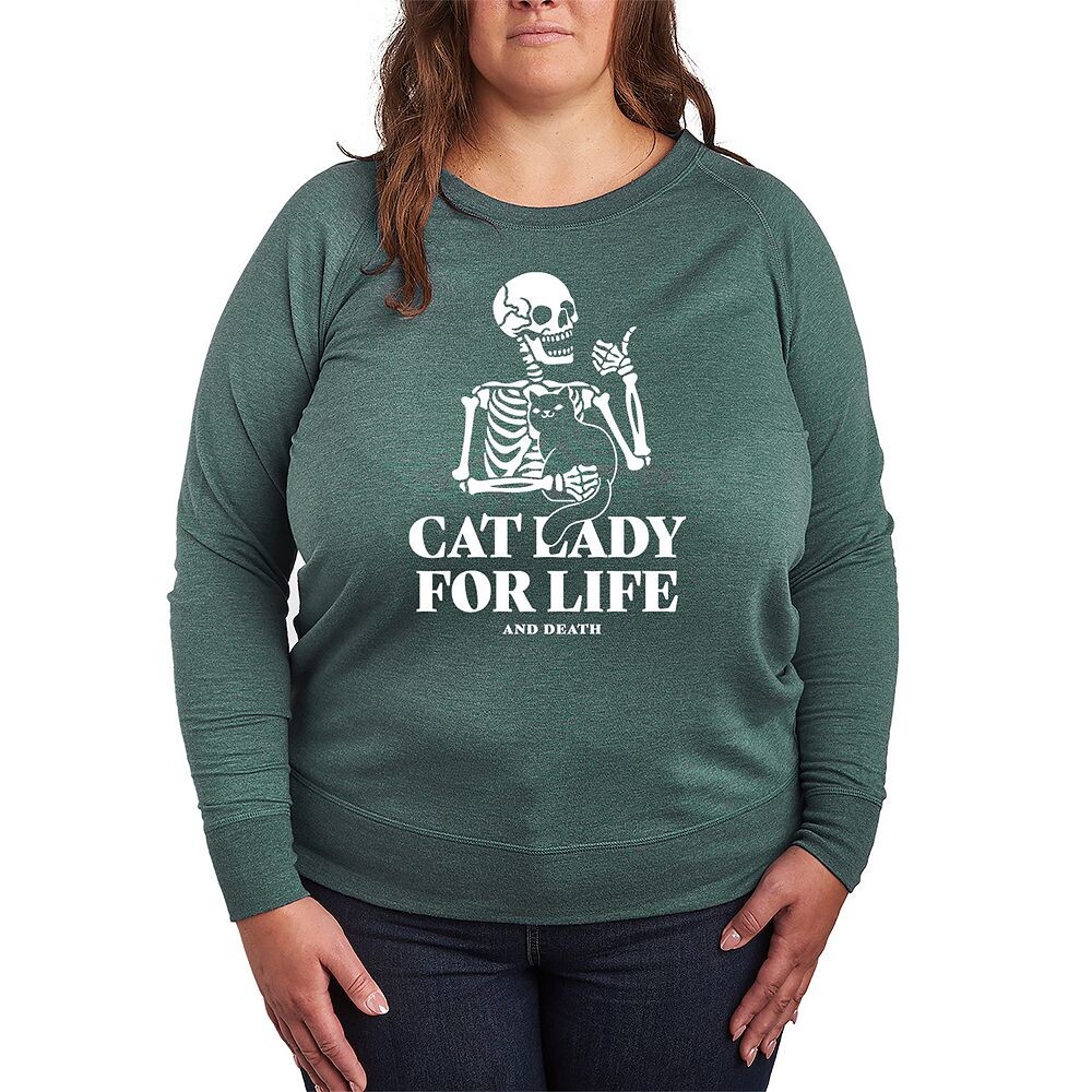 

Легкий свитшот из френч терри размера плюс Cat Lady For Life со скелетом Licensed Character, цвет Heather Green