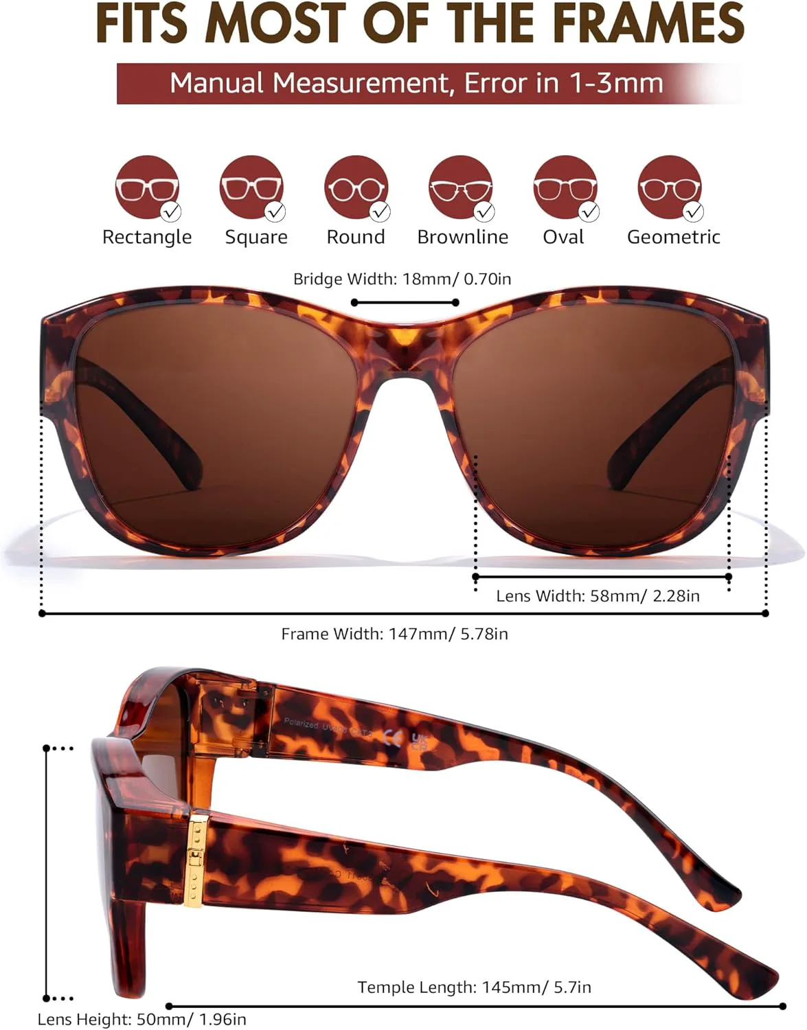 

IGnaef Модные поляризованные солнцезащитные очки для женщин, надеваемые поверх обычных очков, с защитой от УФ-излучения, модель IF8511, C02 Tortoiseshell | Brown