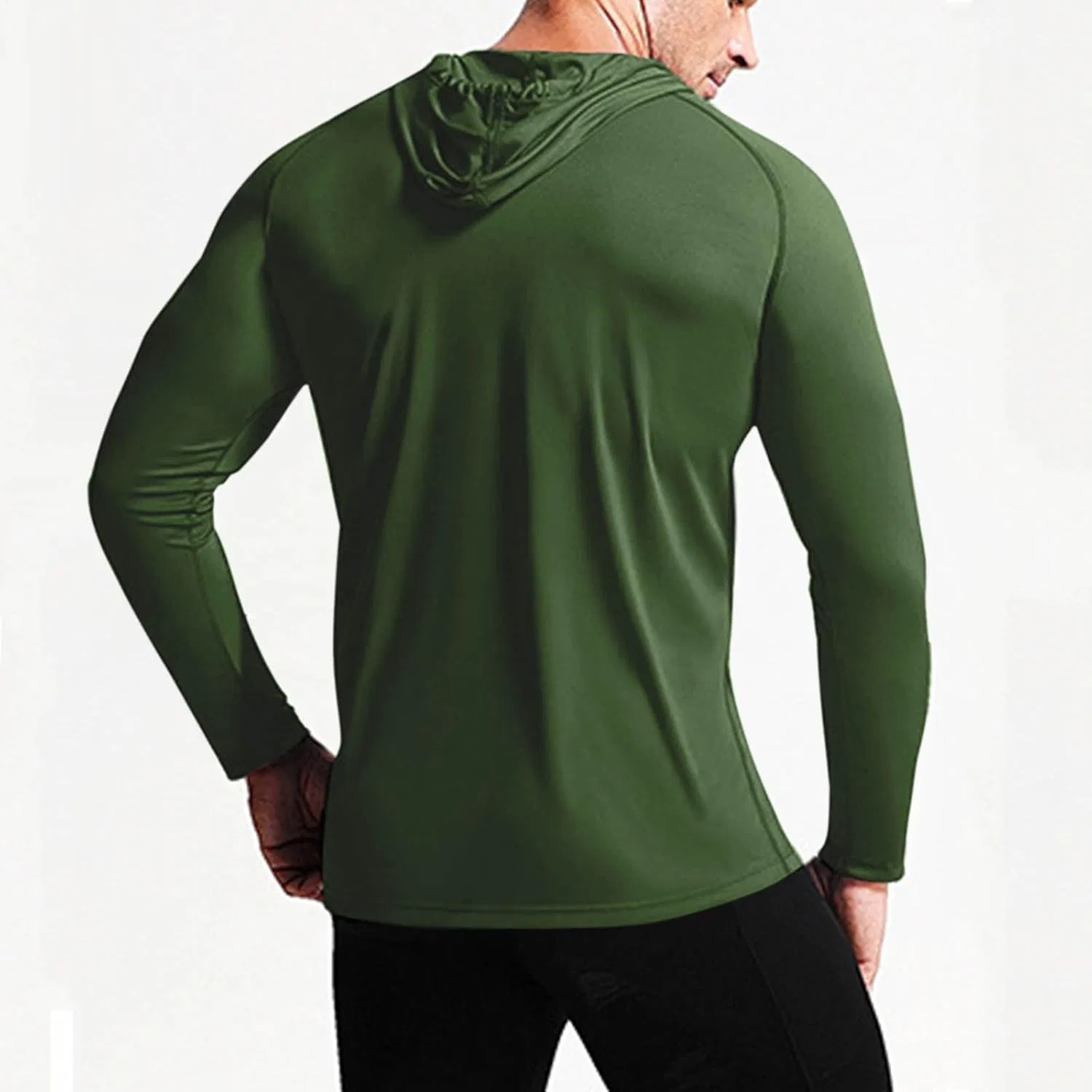 Футболка с длинным рукавом, солнцезащитная, Dry Fit, с капюшоном, хлопковая, Army Green — фото 4