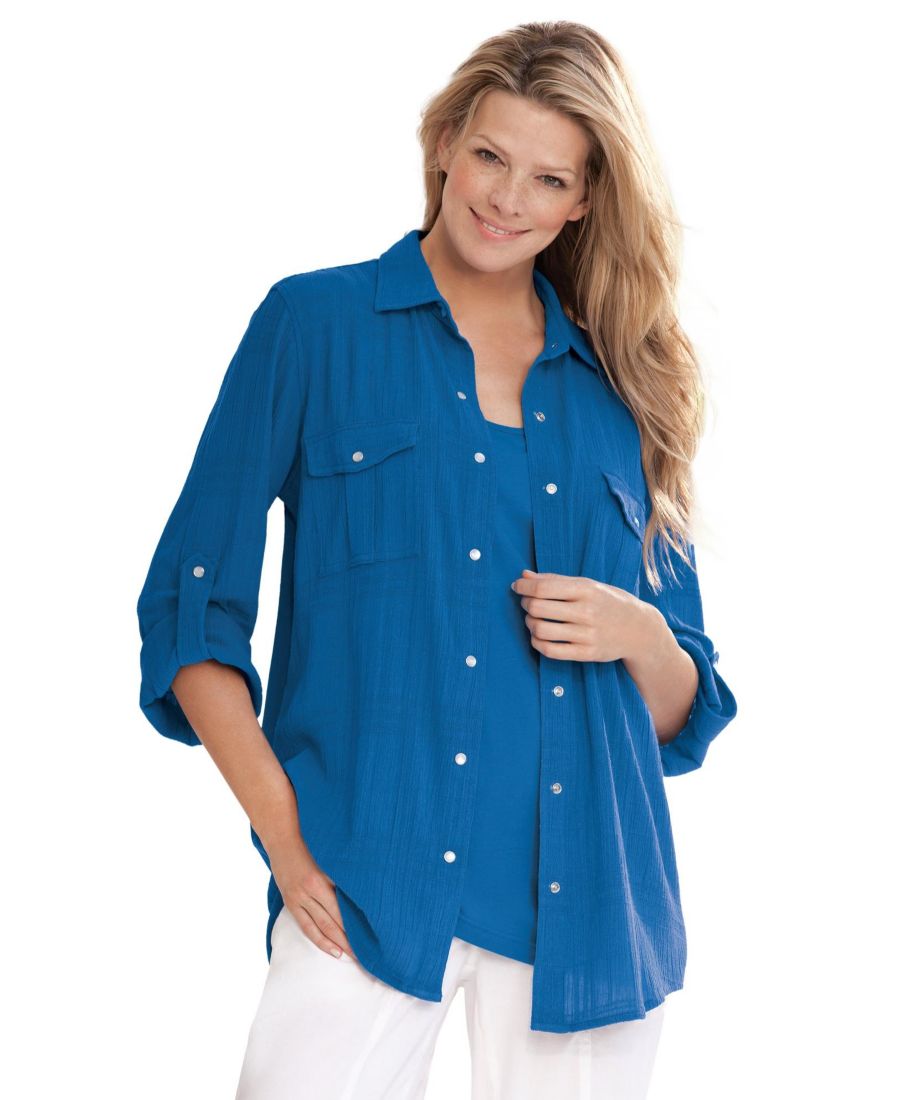 

Женская хлопковая марлевая рубашка большого размера Woman Within, Bright cobalt