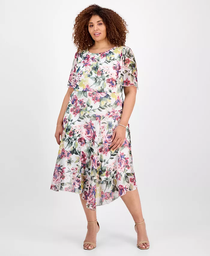 

Платье из шифона с принтом и воланами на рукавах Plus Size Connected, мультиколор
